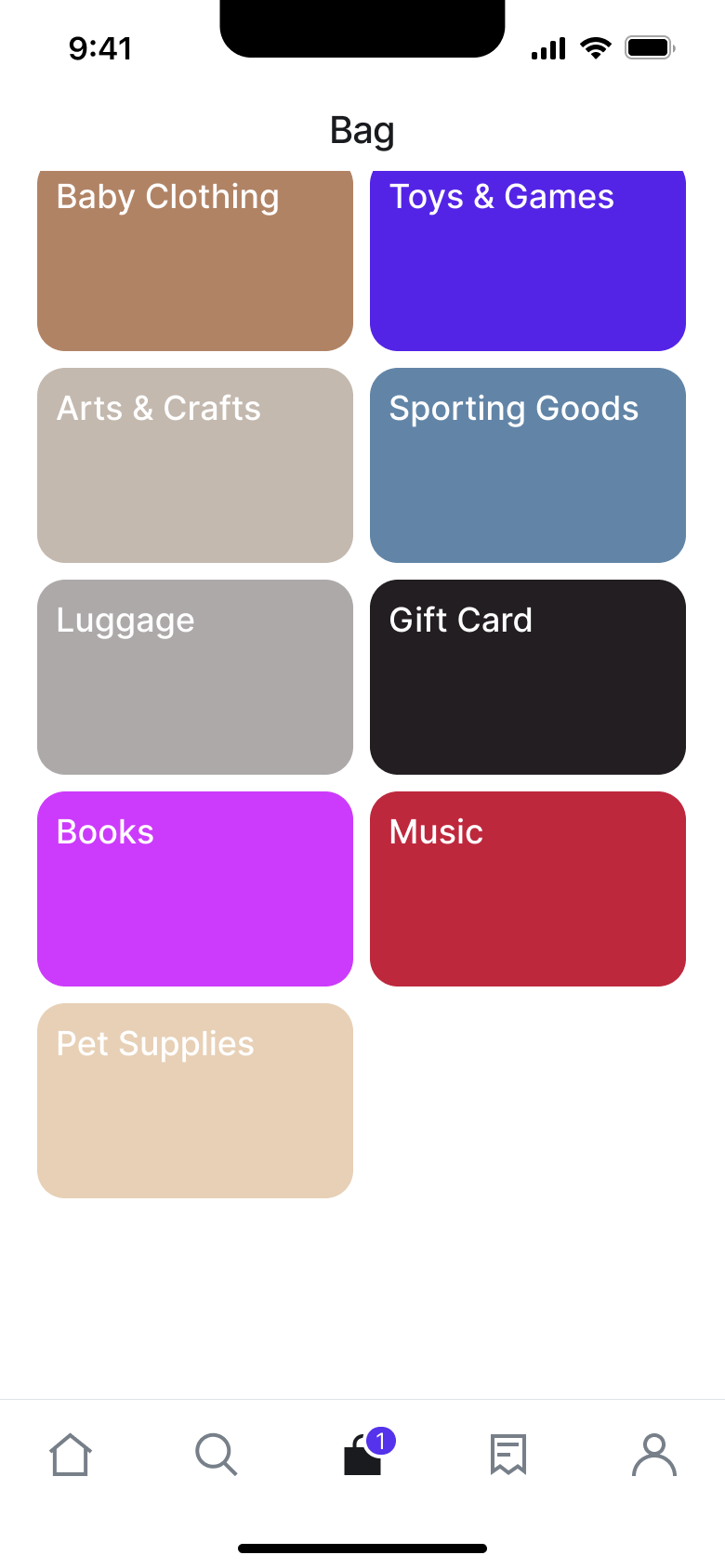 Bag empty state category tiles to browse.