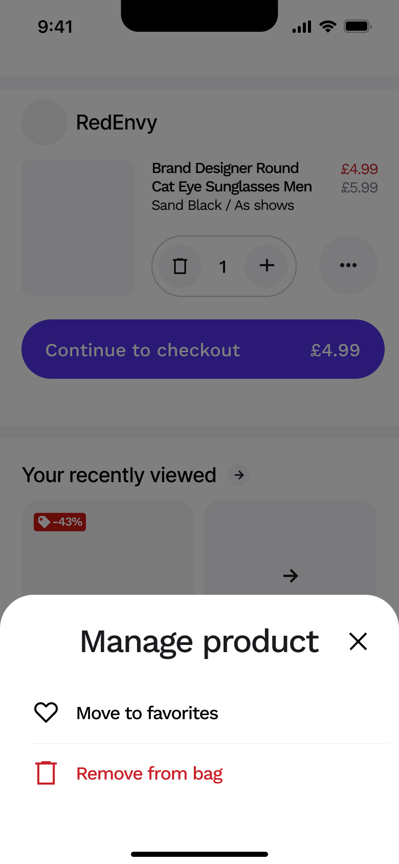 Manage product sheet: move to favourites or remove from bag.