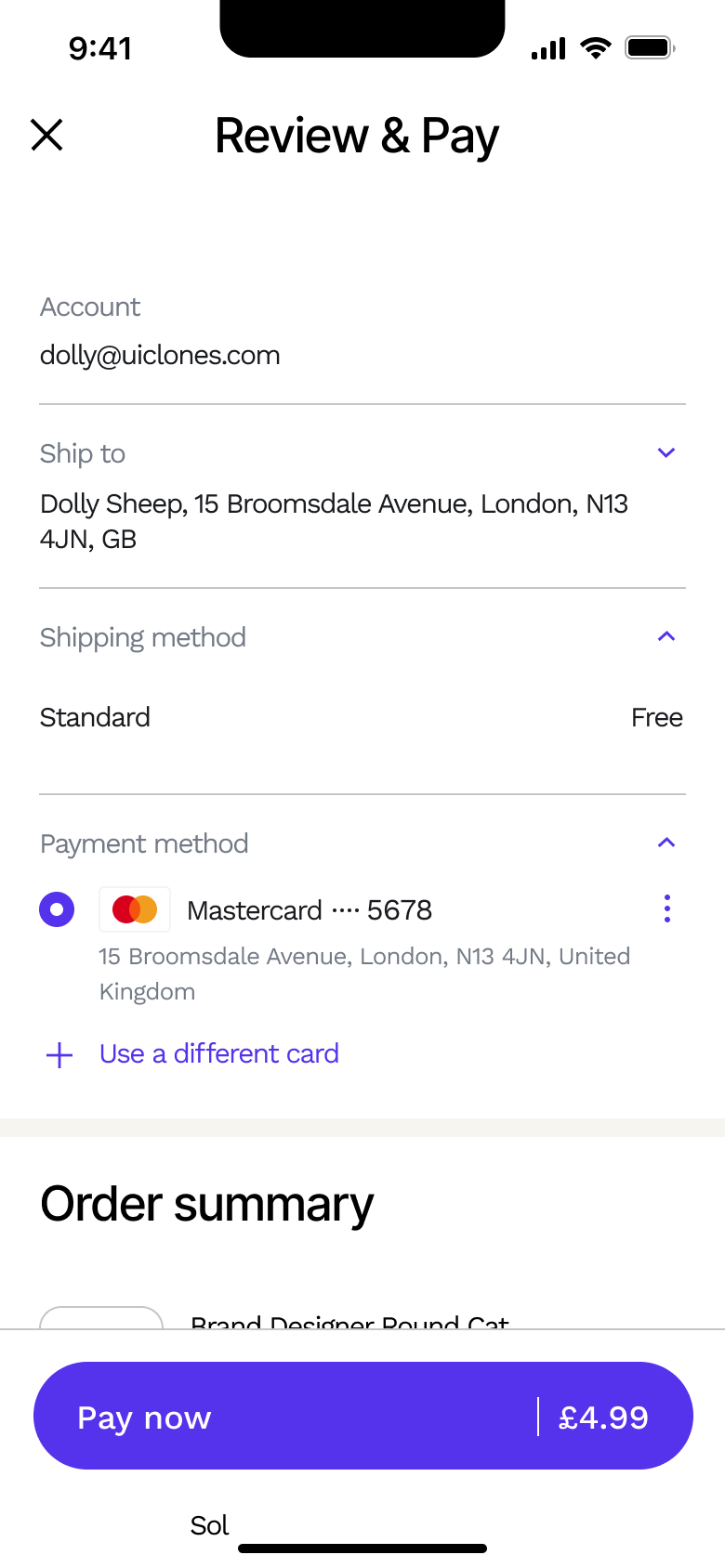 Review and pay with payment method expanded and use a different card.