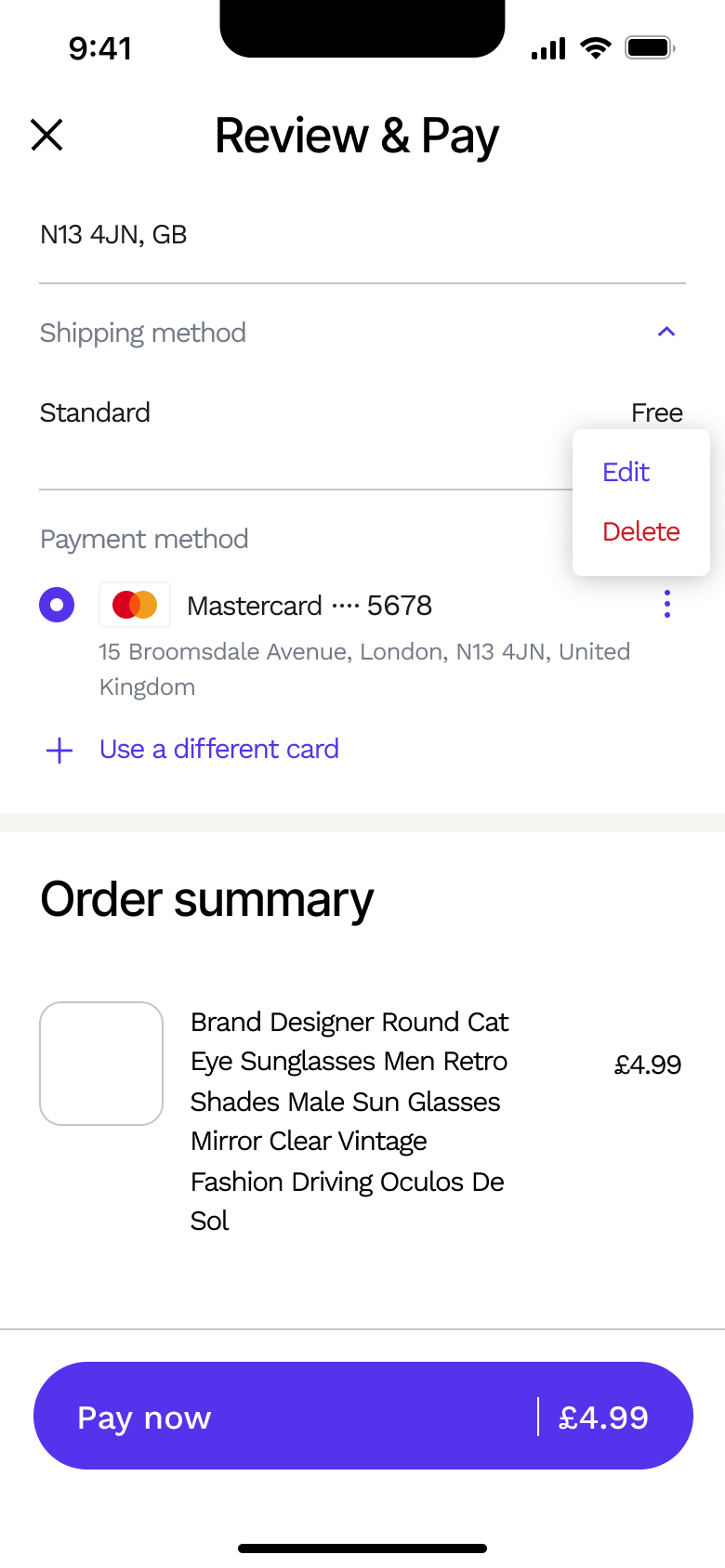 Payment method menu: edit or delete card.