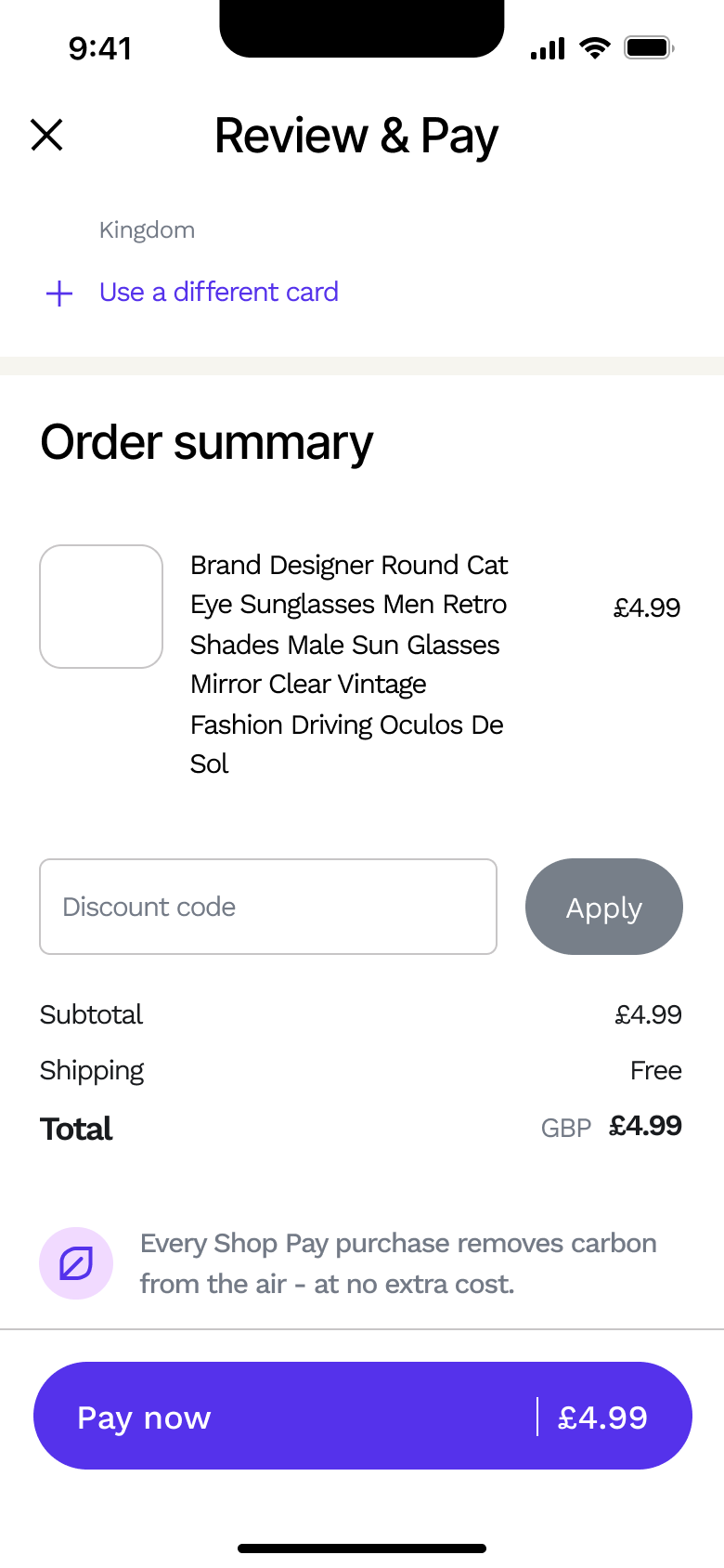 Order summary with discount code and total.