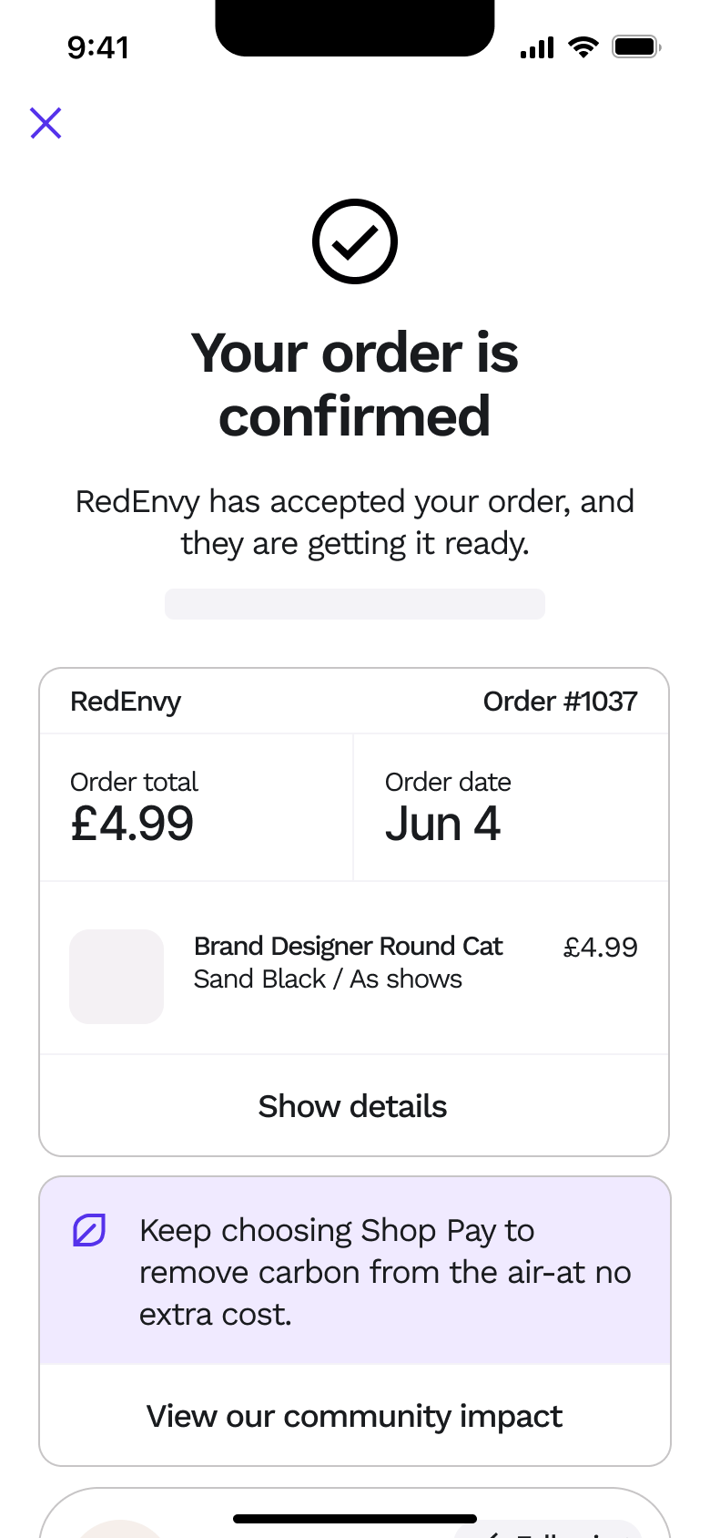 Order confirmed: order total, date, item, show details and carbon note.