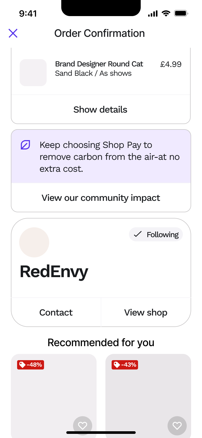 Order confirmation: store card, following and recommendations.