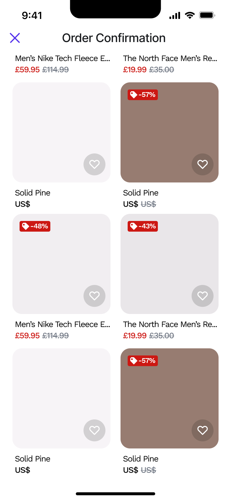Order confirmation recommendations grid.