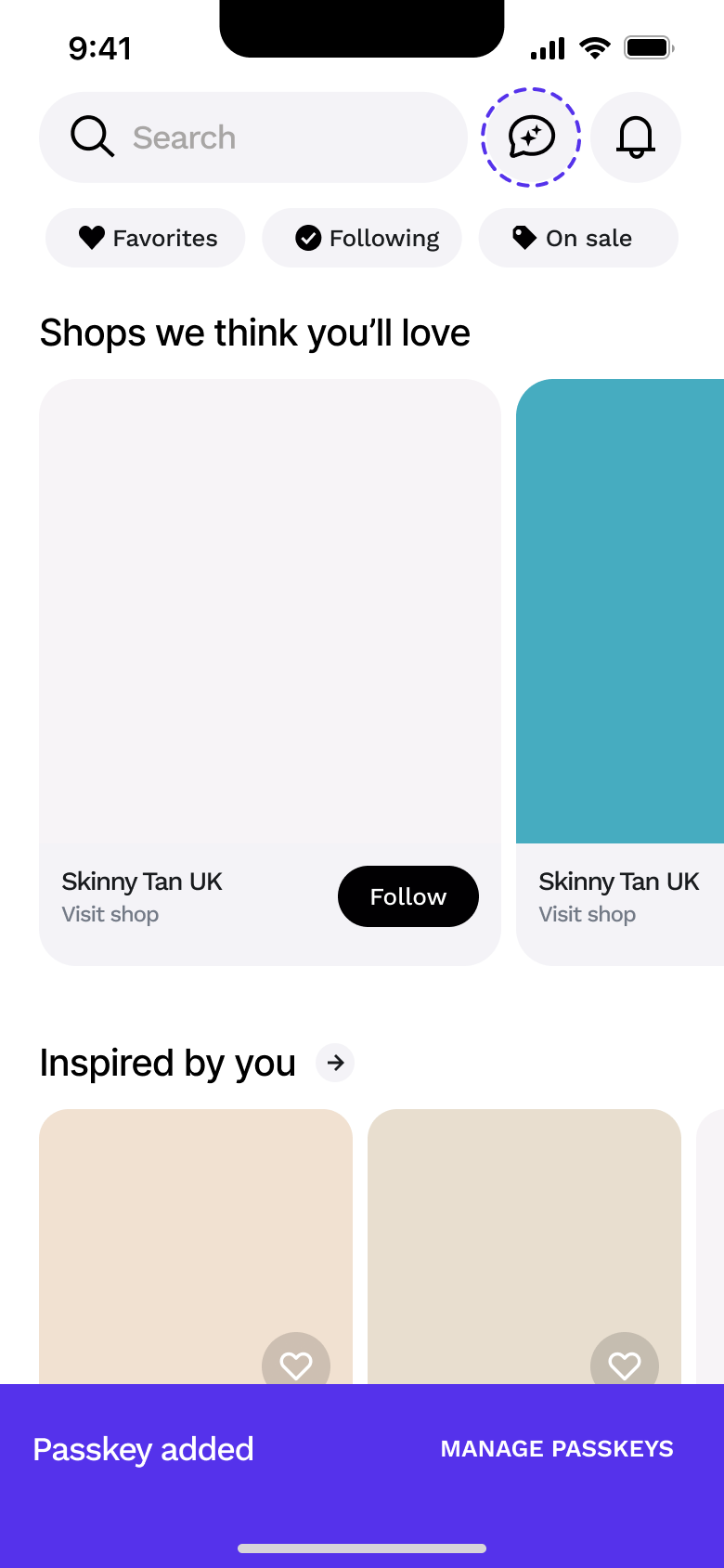 Home: shops you'll love and inspired by you with passkey added toast.