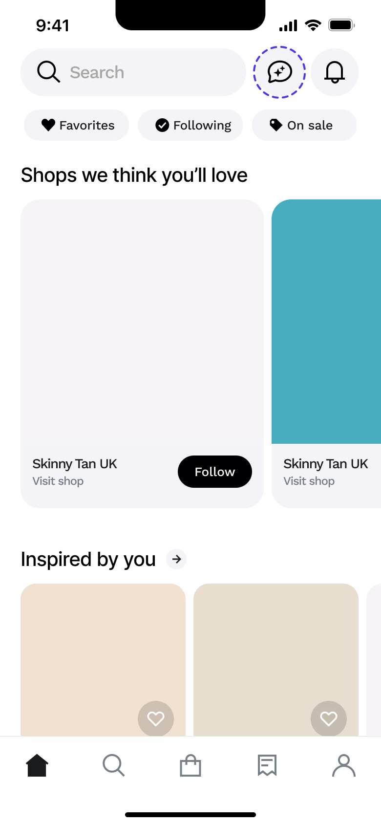 Home: shop suggestions with follow buttons and inspired by you.