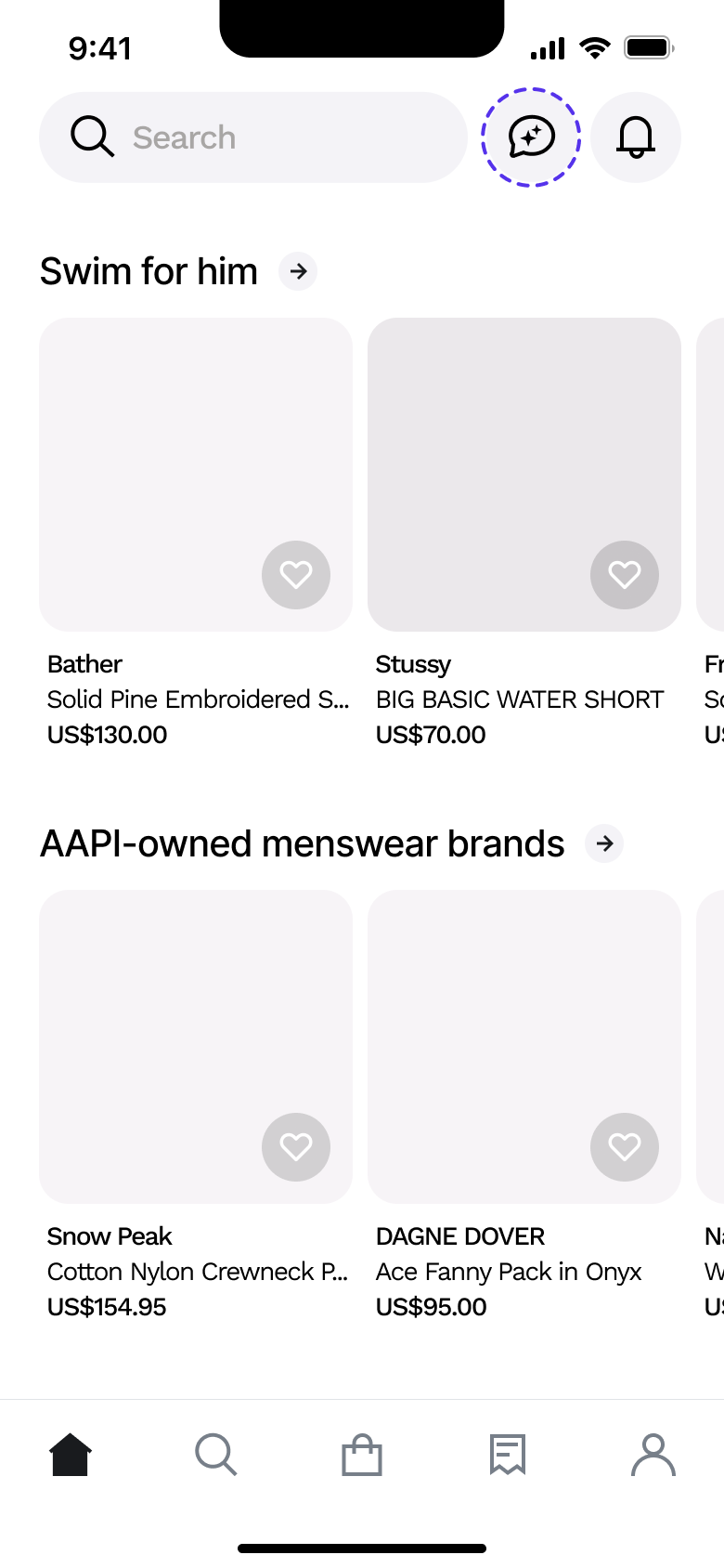 Home scrolled: product cards and brand sections.