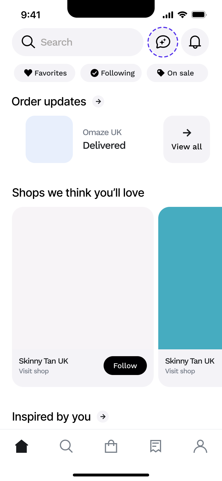 Home with order updates delivered card and recommendations.