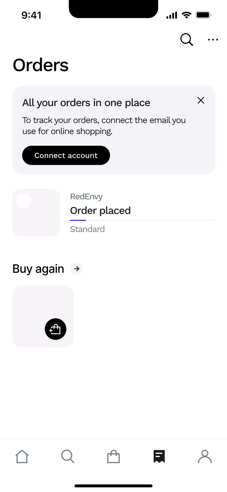 Orders: connect account banner, placed order and buy again.