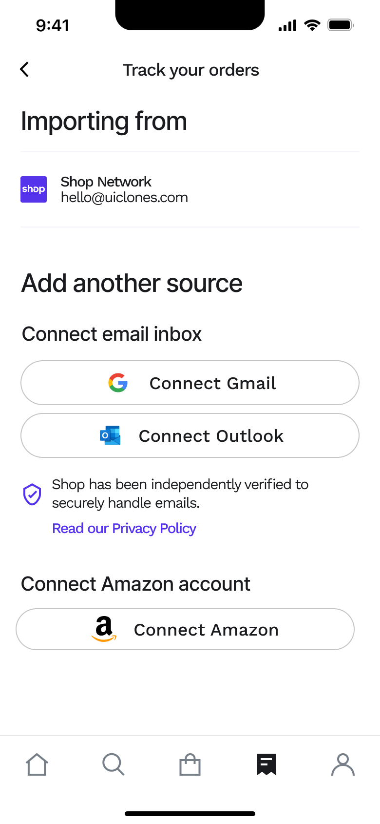 Track your orders: importing from, connect email inbox and connect store account.