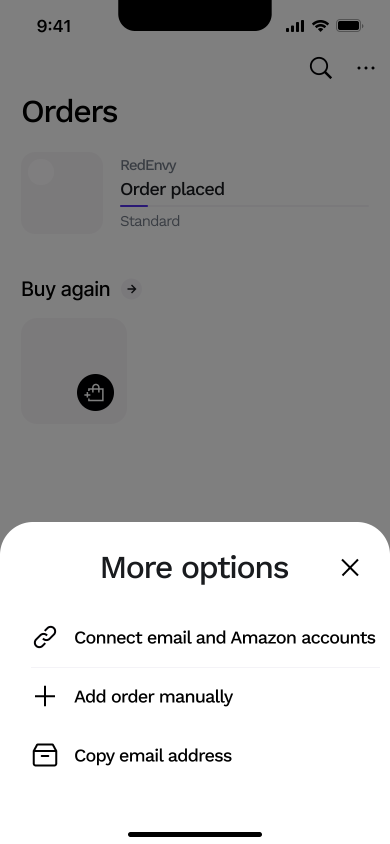 More options: connect email accounts, add order manually and copy email address.