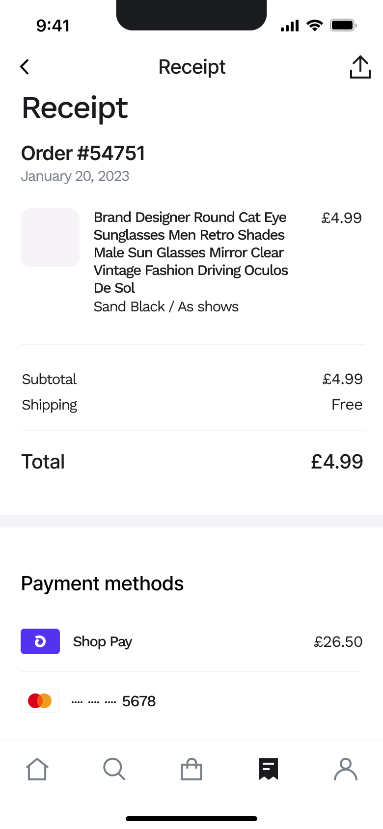 Order receipt: item, totals and payment methods.