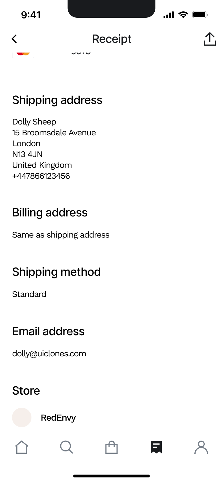 Receipt scrolled: addresses, method, email and store.