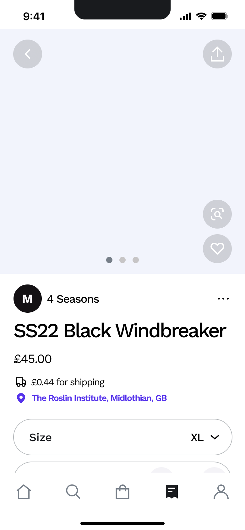 Product page with size selector.