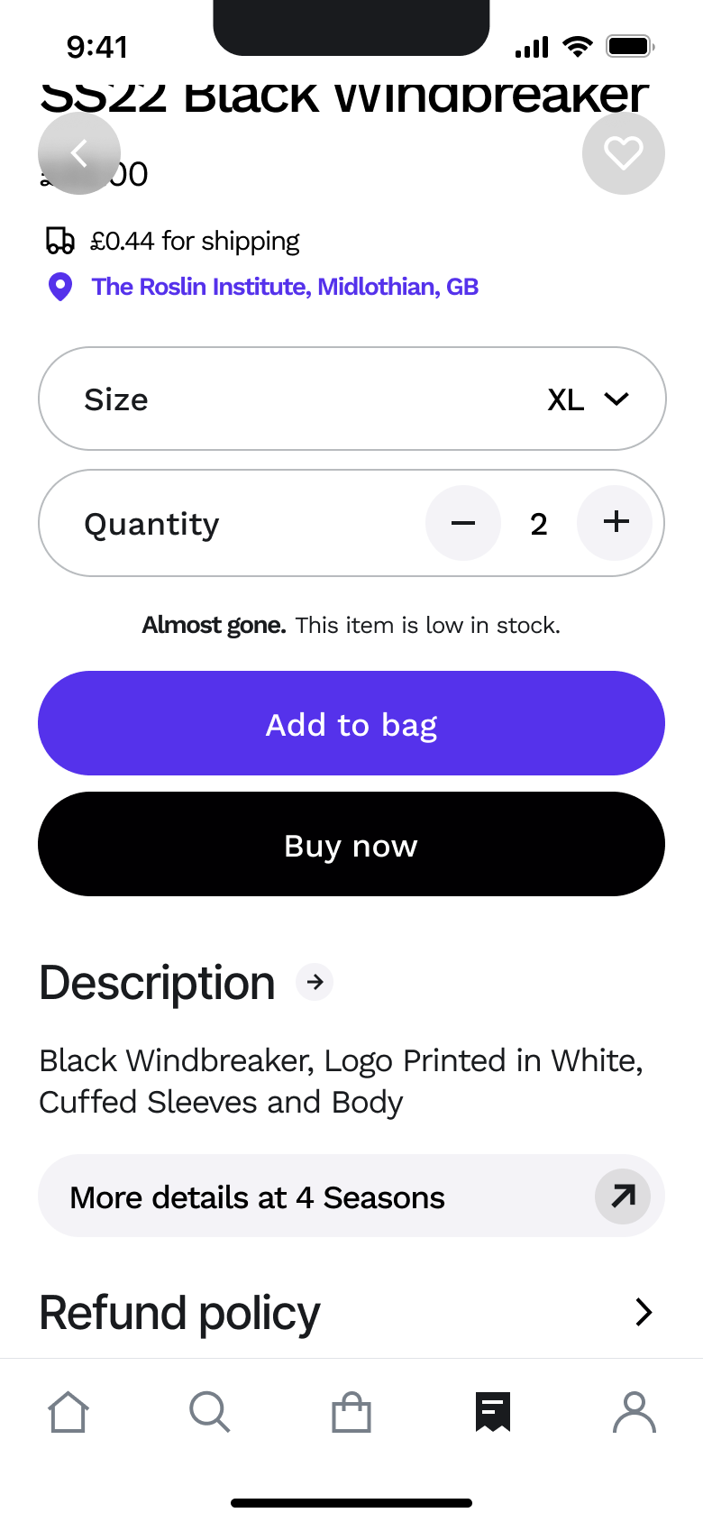 Product page: size, quantity, low stock note, add to bag and refund policy.