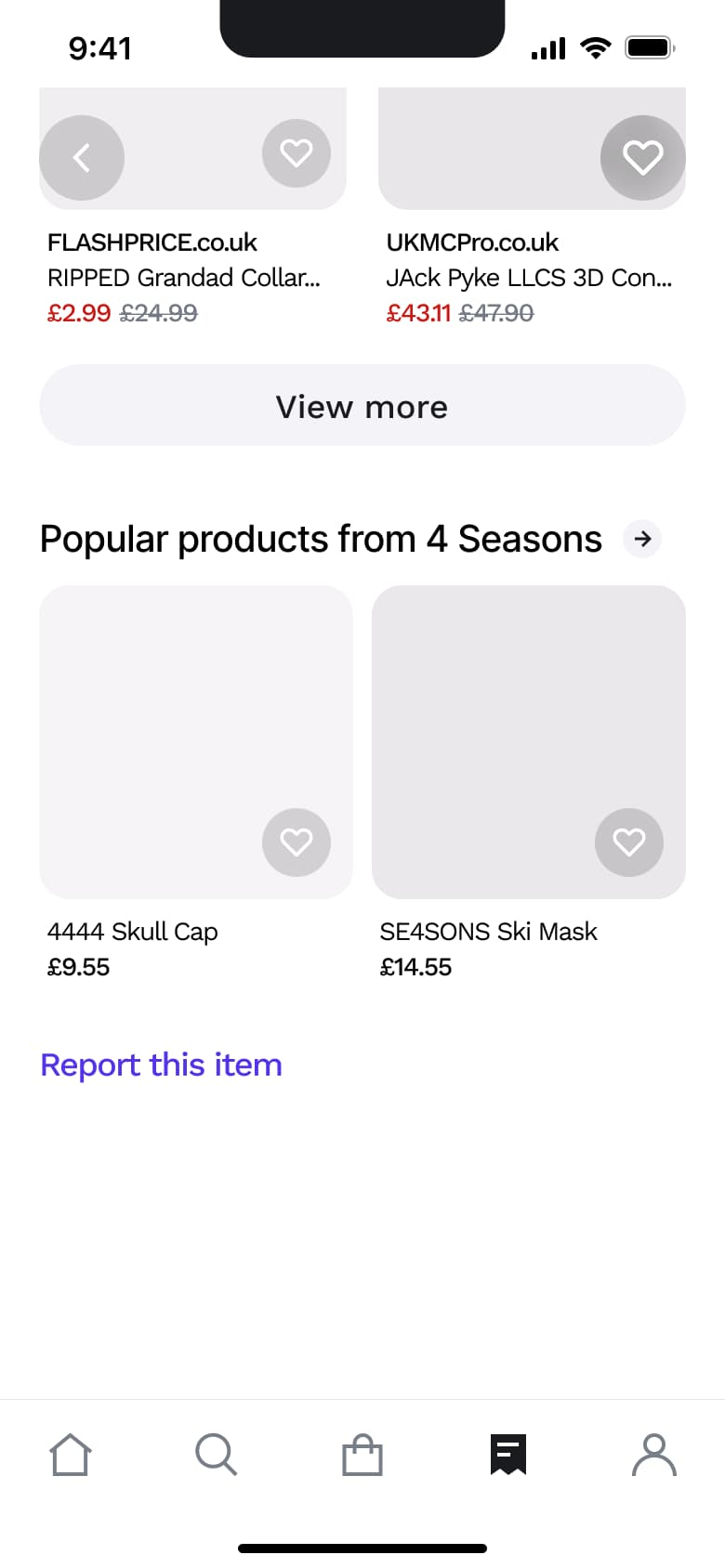Product page end: popular products and report item.