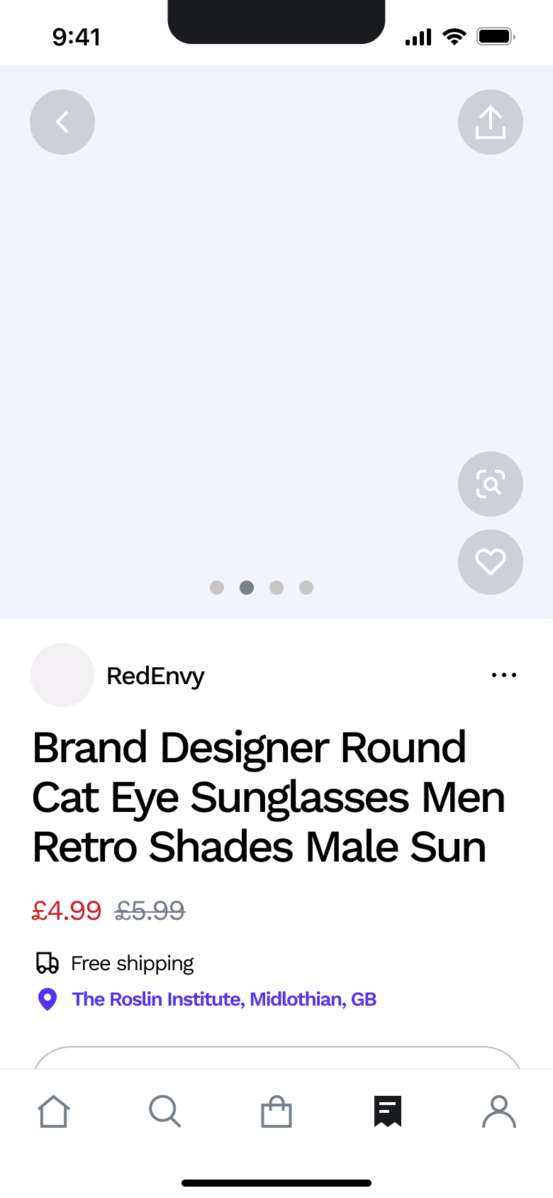 Sunglasses product page with sale price.