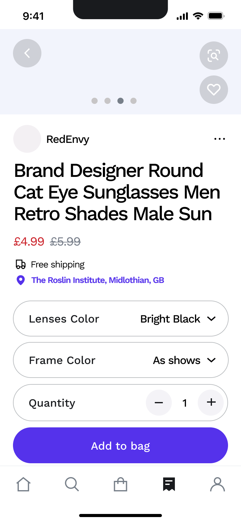 Product options with lens and frame colour and add to bag.