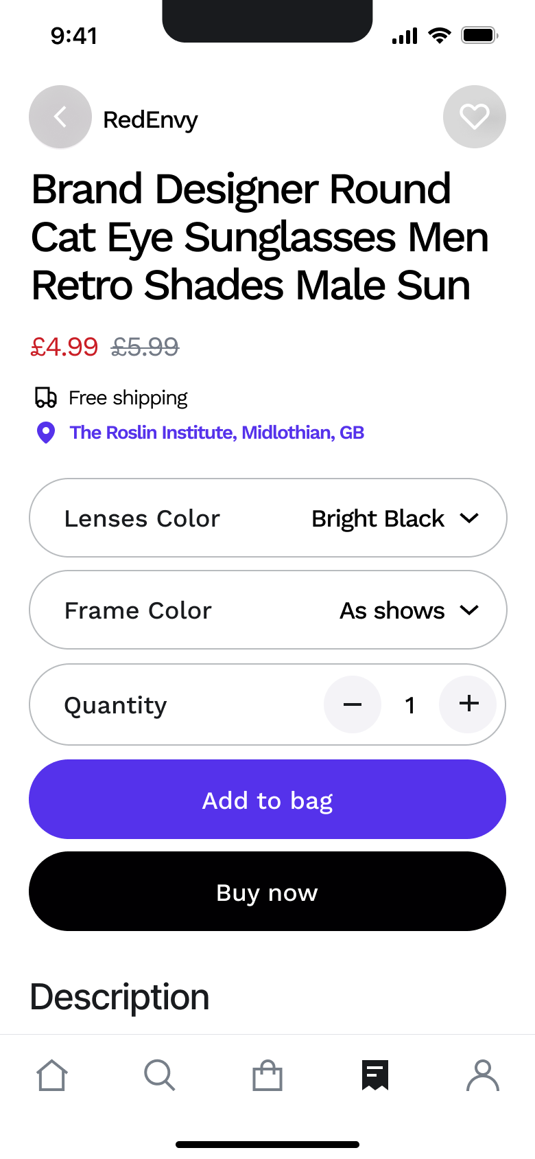 Product with add to bag and buy now.