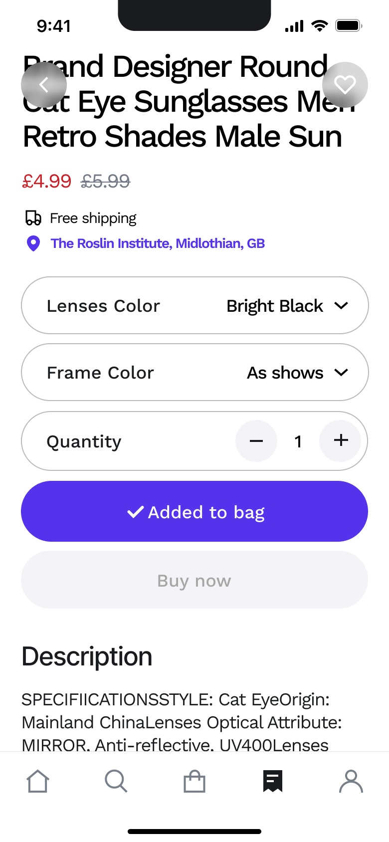 Added to bag confirmation on the button.