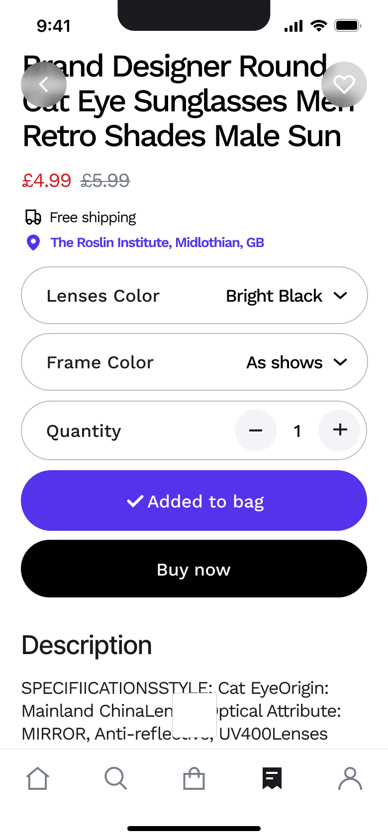 Added to bag with buy now enabled.