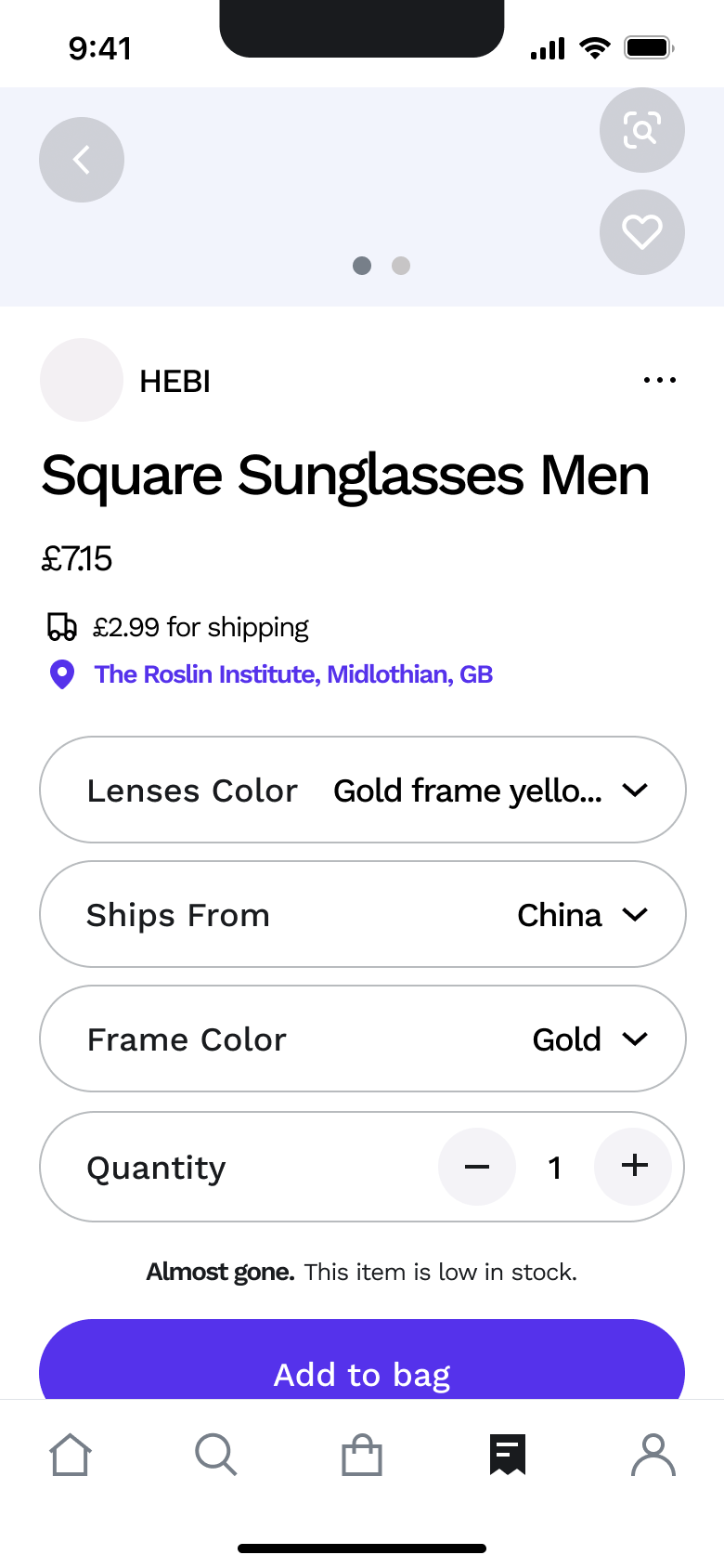 Product options: lens colour, ships from, frame colour, quantity and add to bag.