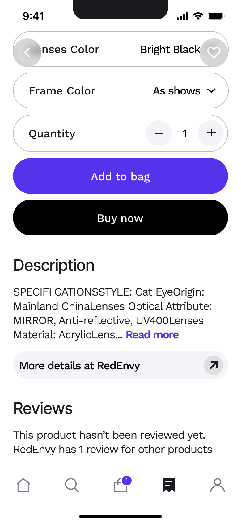 Product page: description, reviews and bag badge.