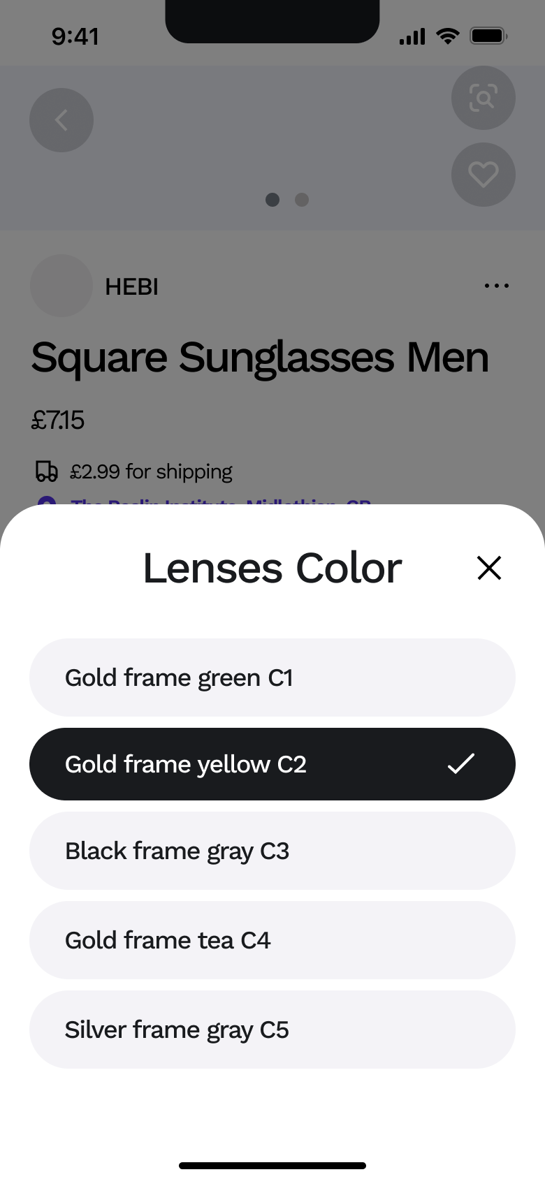 Lens colour sheet with option selected.