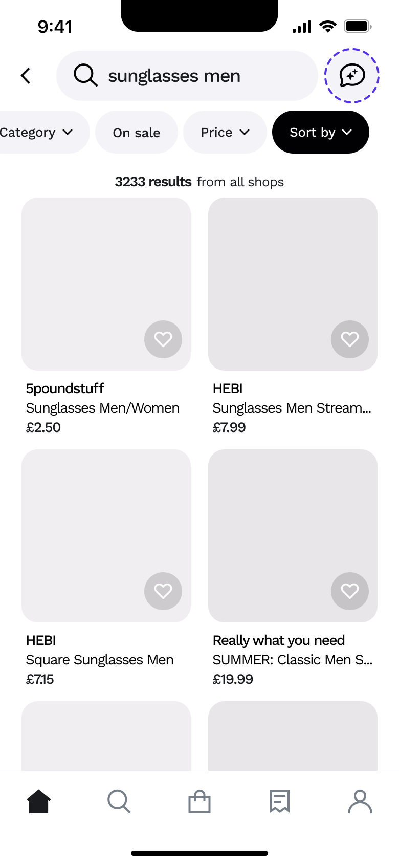 Search results sorted with sort chip active.