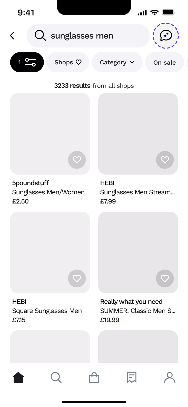 Search results with filter count chip.