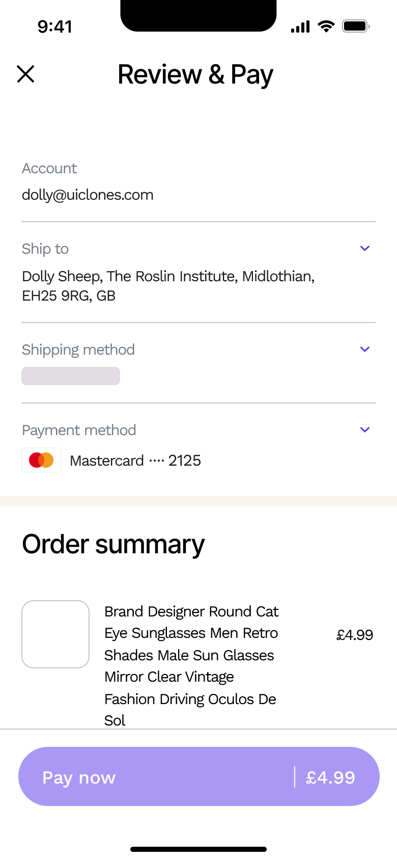 Review and pay: account, ship to, shipping method loading, payment and order summary.