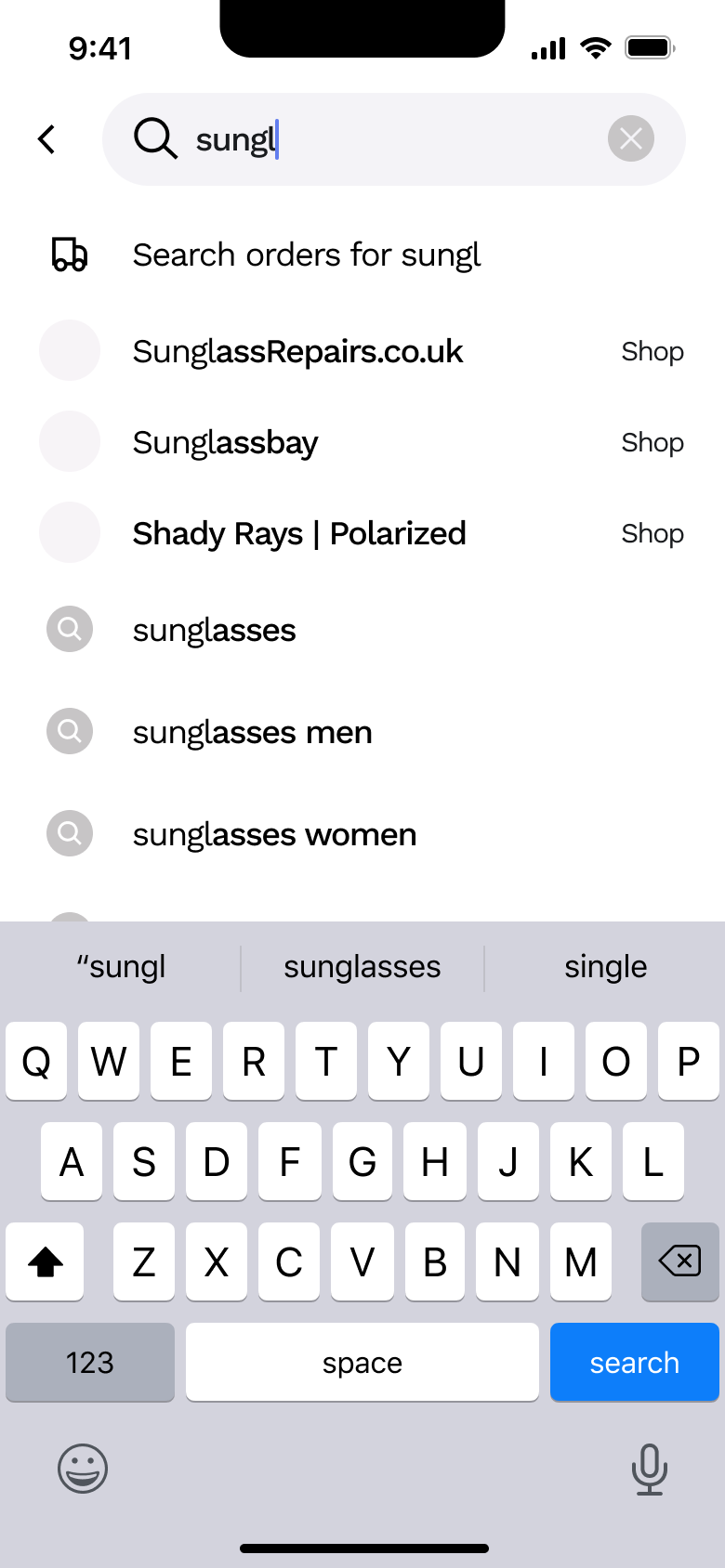 Search suggestions: search orders, shops and terms.