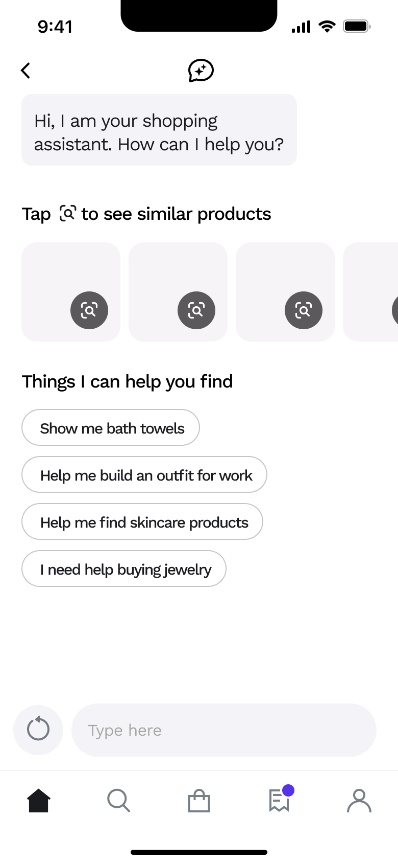 Shopping assistant: similar products and suggestion chips.