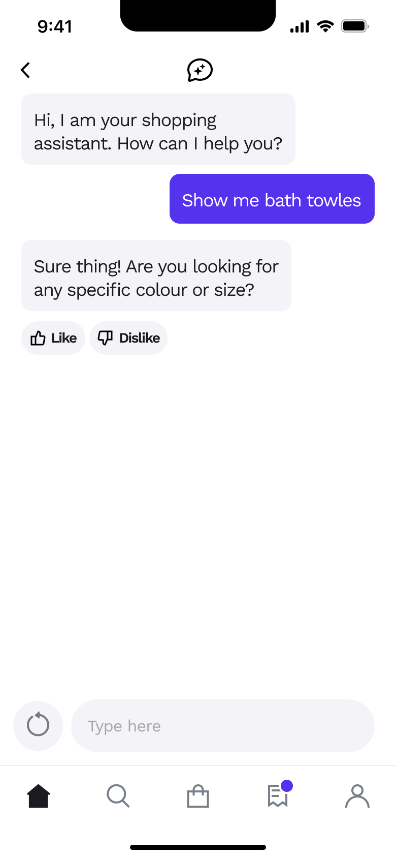 Assistant asks for colour or size with like and dislike.