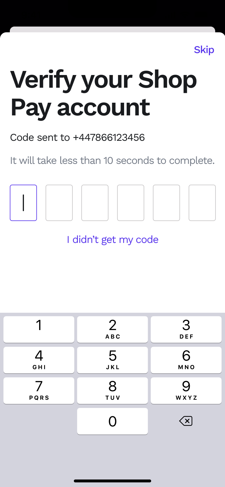 Verify your pay account: six-digit SMS code, empty.
