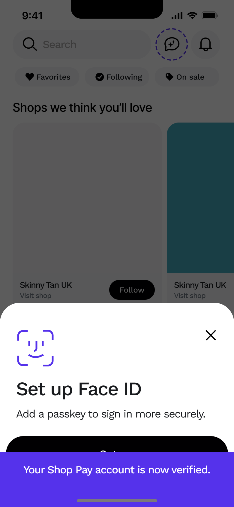 Set up face sign-in passkey sheet with account verified toast.
