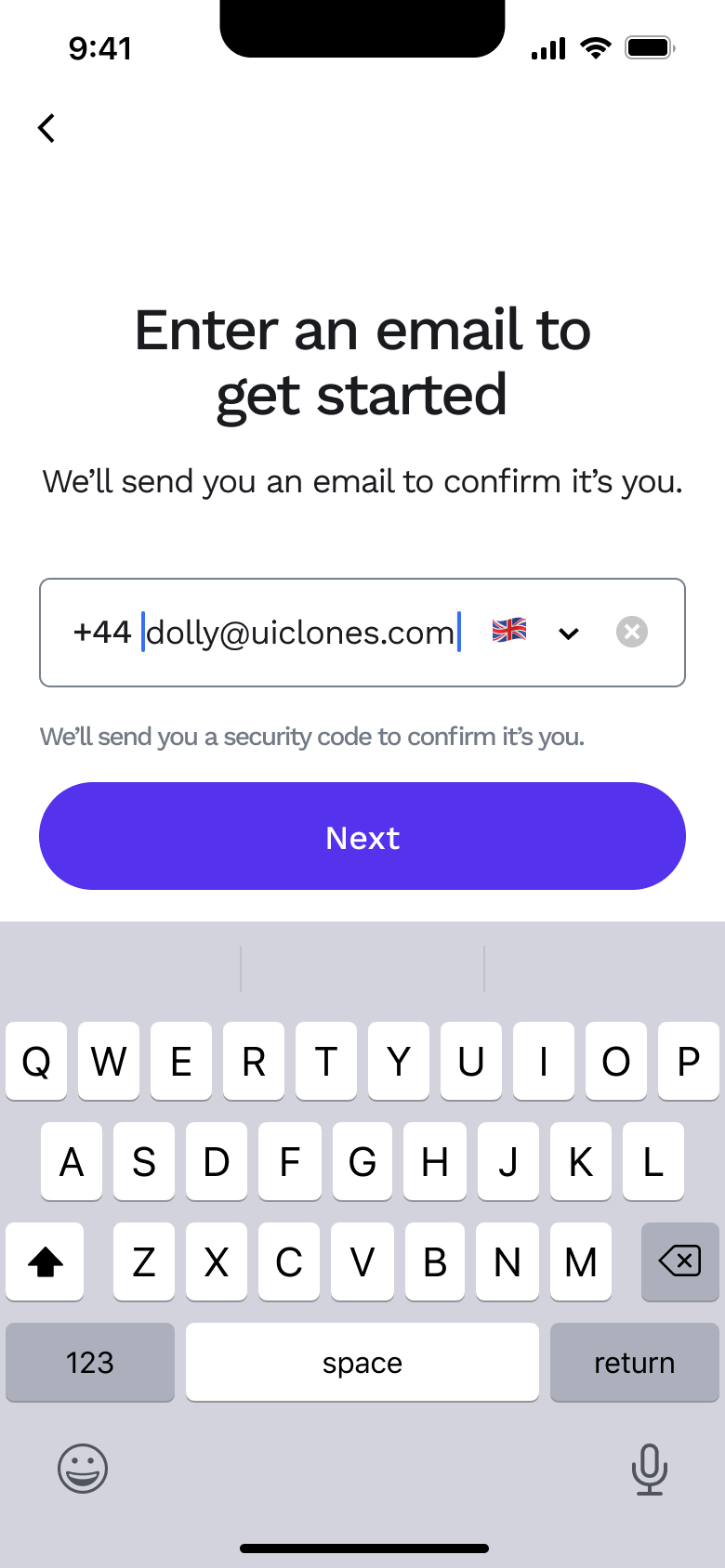 Email entered, next enabled.