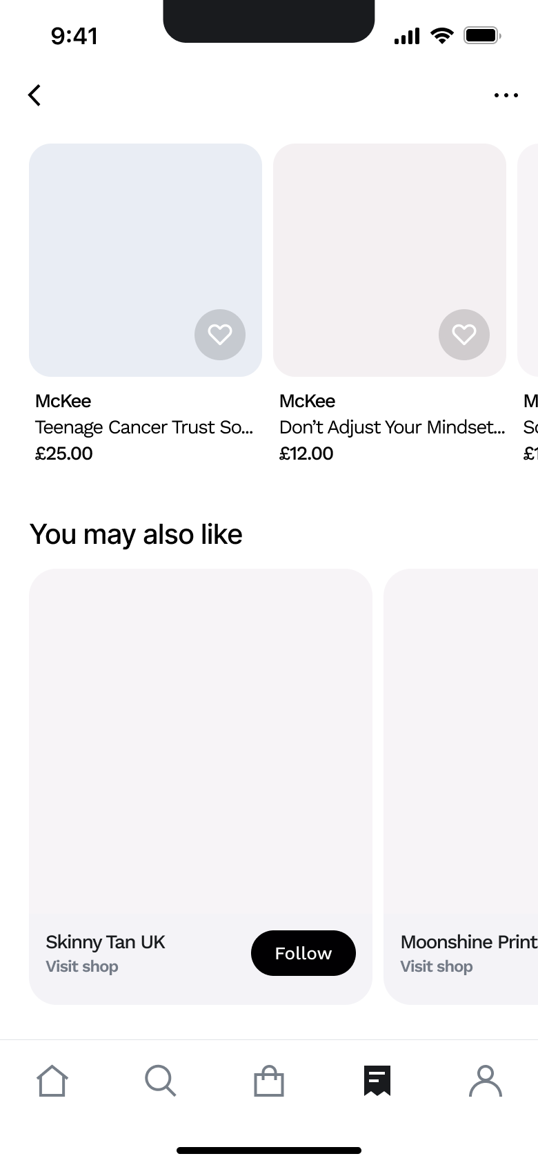 Store page scrolled: product cards and related shops.
