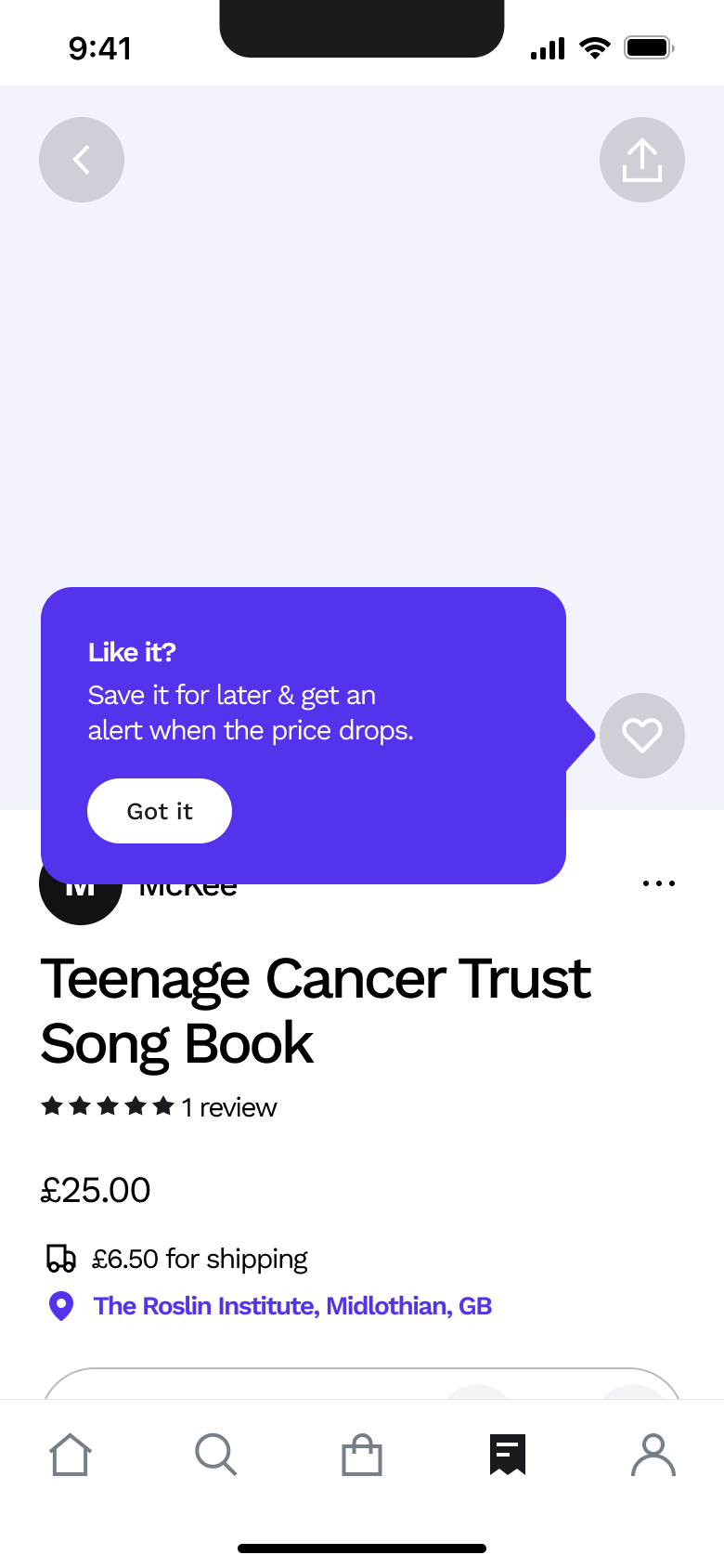 Product page with save for later price drop tooltip.