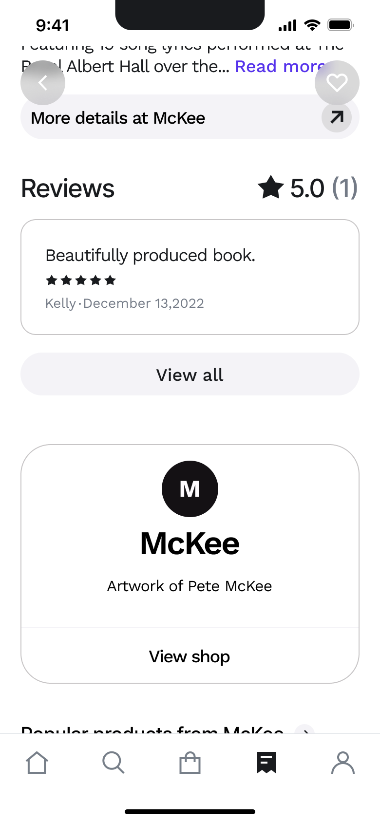 Product reviews and store card with view shop.