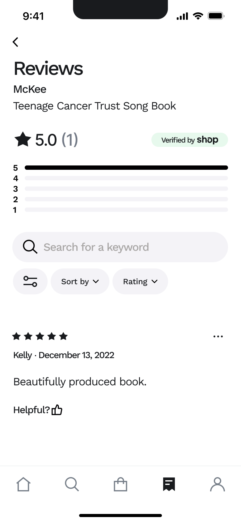 Reviews: verified badge, distribution bars, search, sort and rating filters.