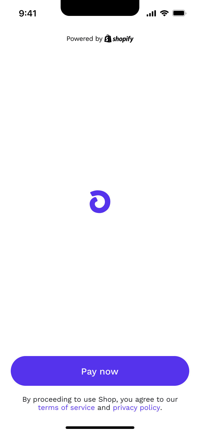 Welcome: logo animation with pay now and terms.