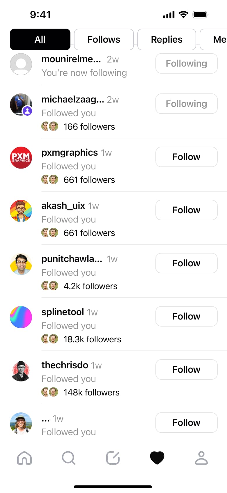 Activity follows filter with follow buttons.