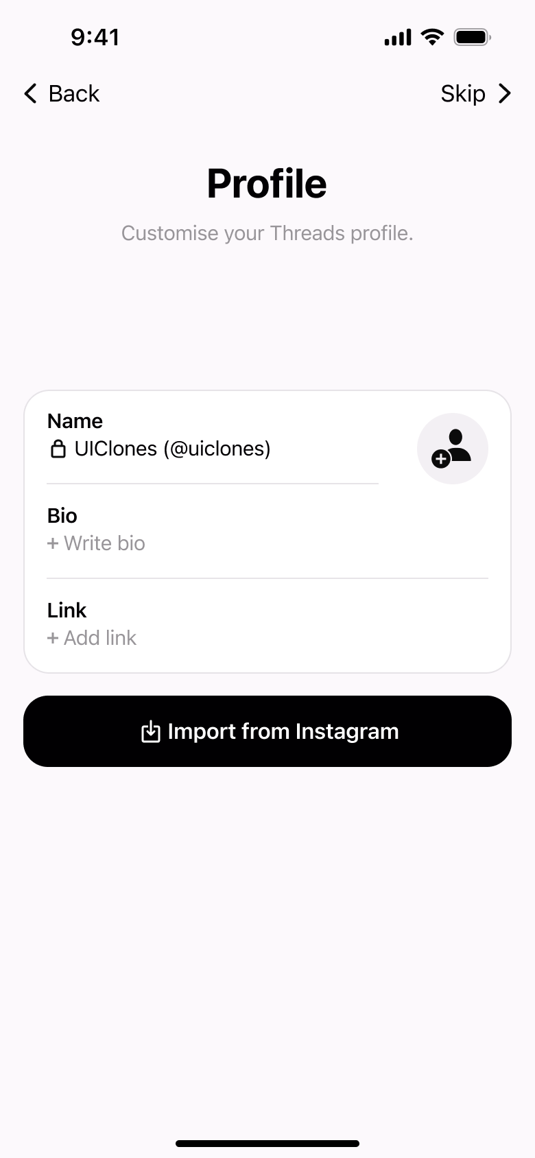 Profile setup: name, bio and link with import from linked account.