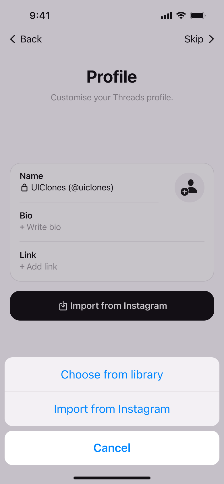 Profile photo action sheet: choose from library or import.