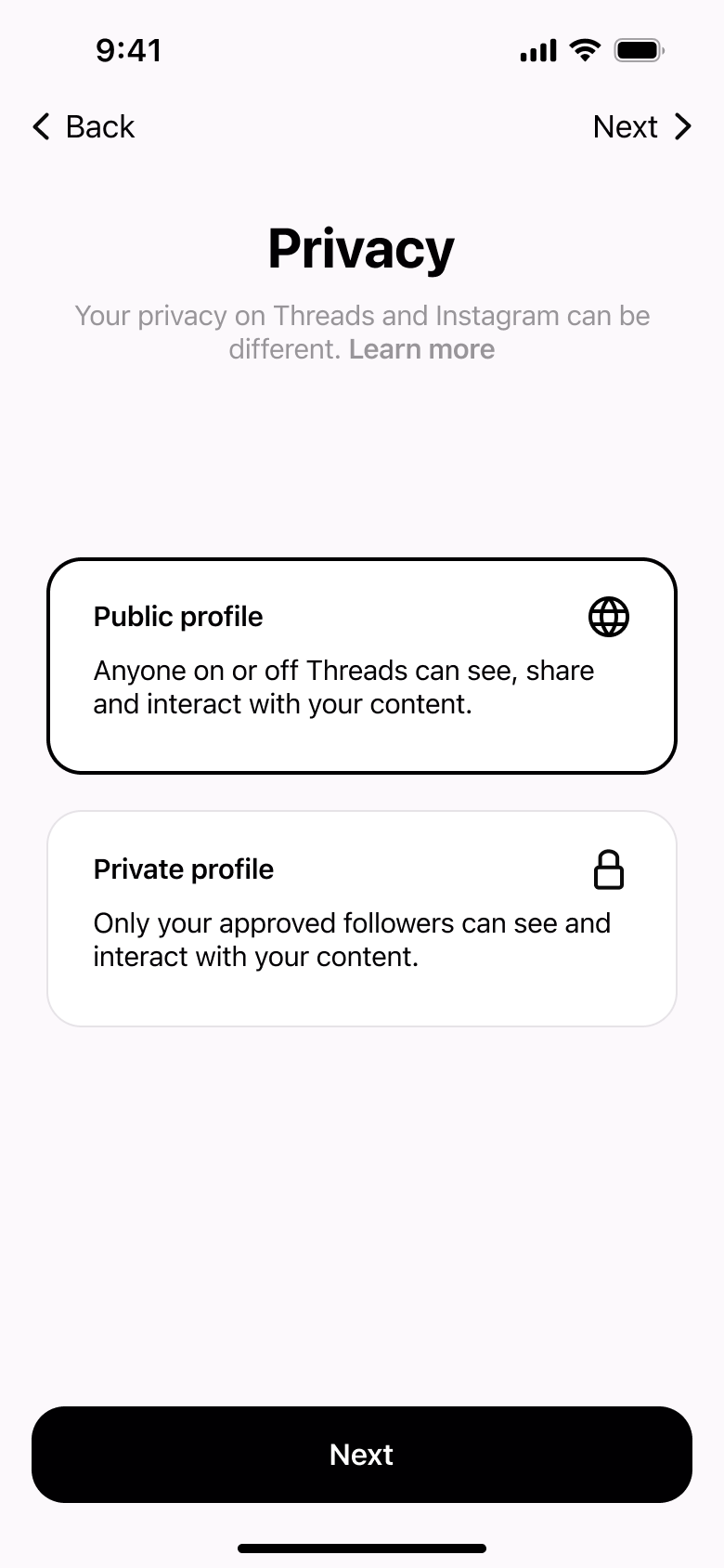 Privacy: public profile selected.
