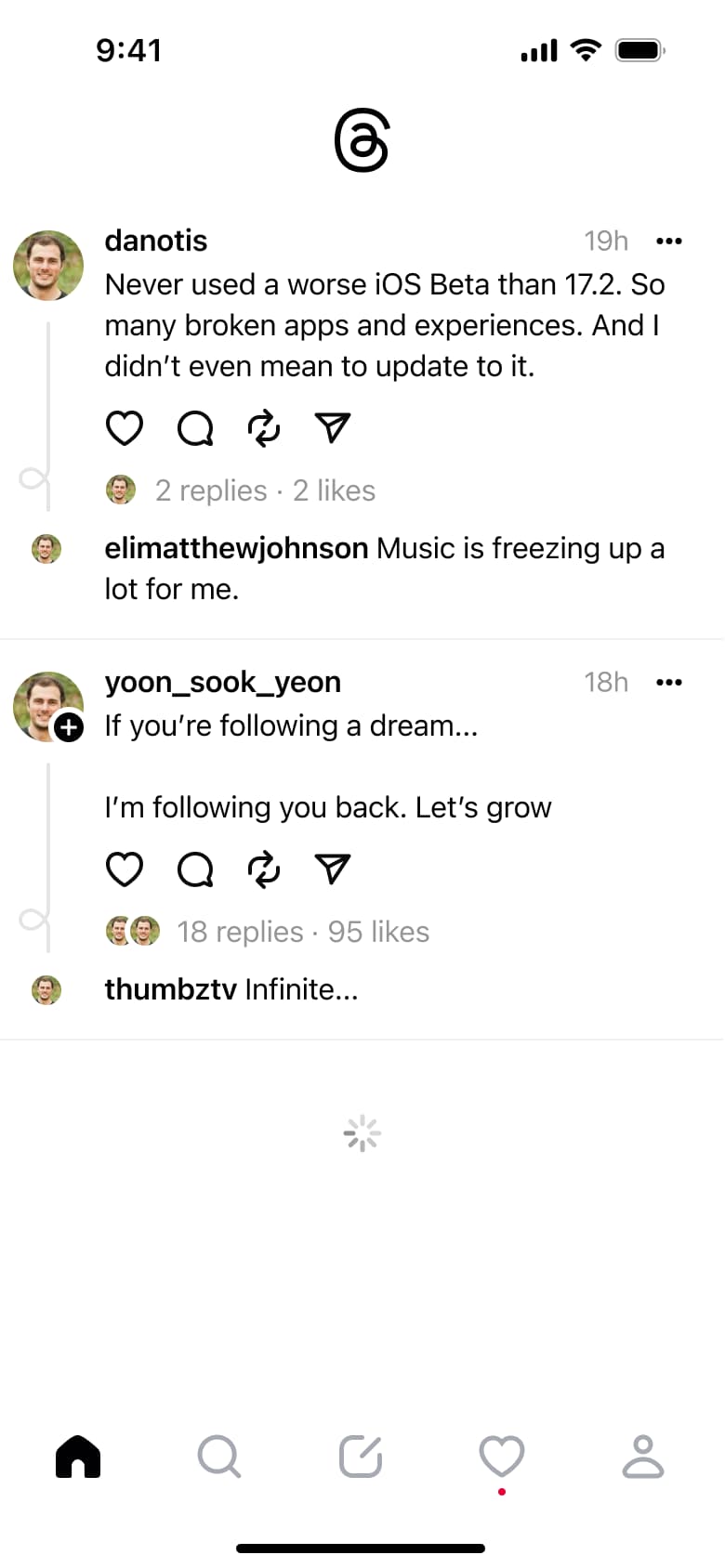 Home feed: posts with like, reply, repost and share.