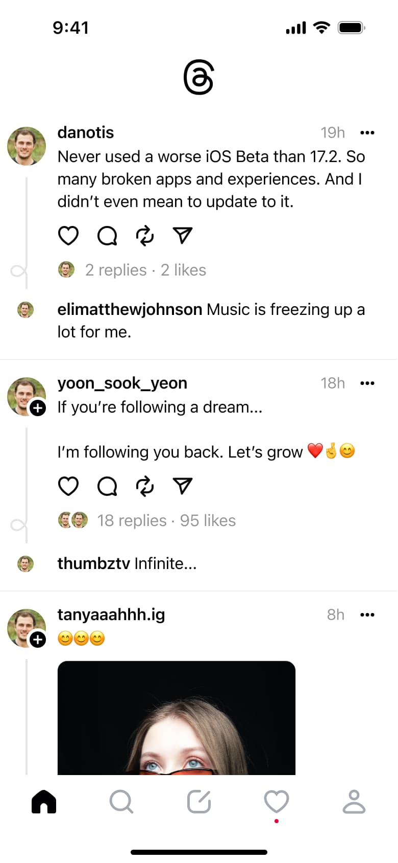 Home feed: text and photo posts with reply threads.
