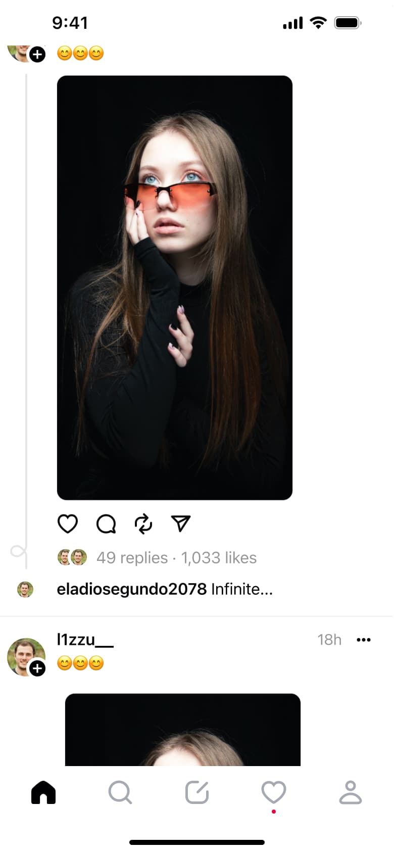 Feed scrolled: photo post with likes and replies.