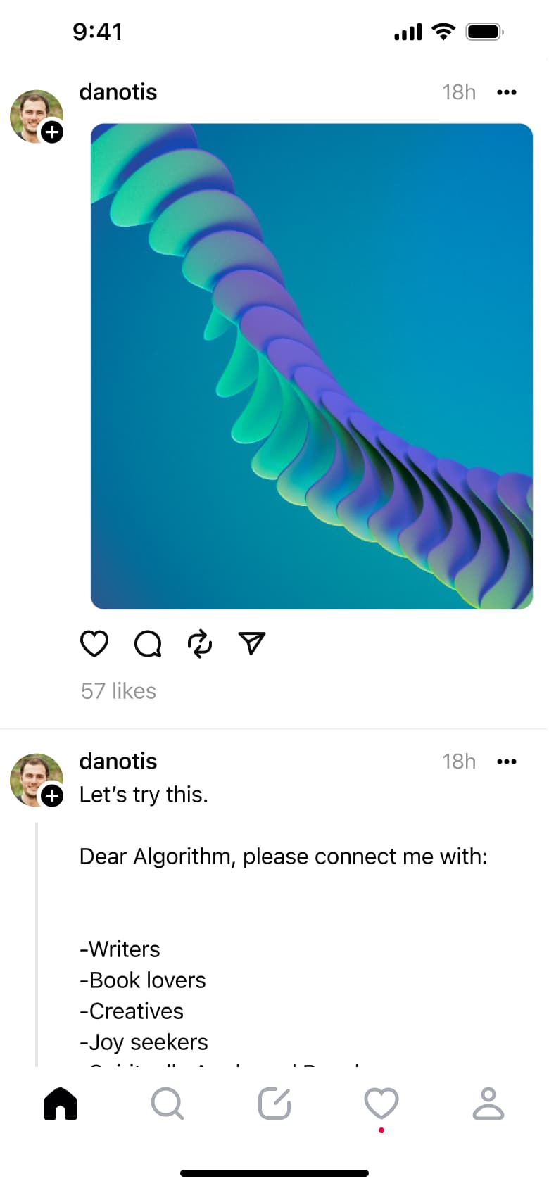 Feed scrolled: image post and text post.